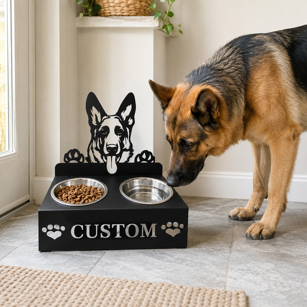 Personalized german shepherd metal dog bowl stand with custom name cutout and two removable feeding bowls