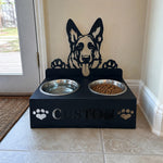 Personalized german shepherd metal dog bowl stand with custom name cutout and two removable feeding bowls
