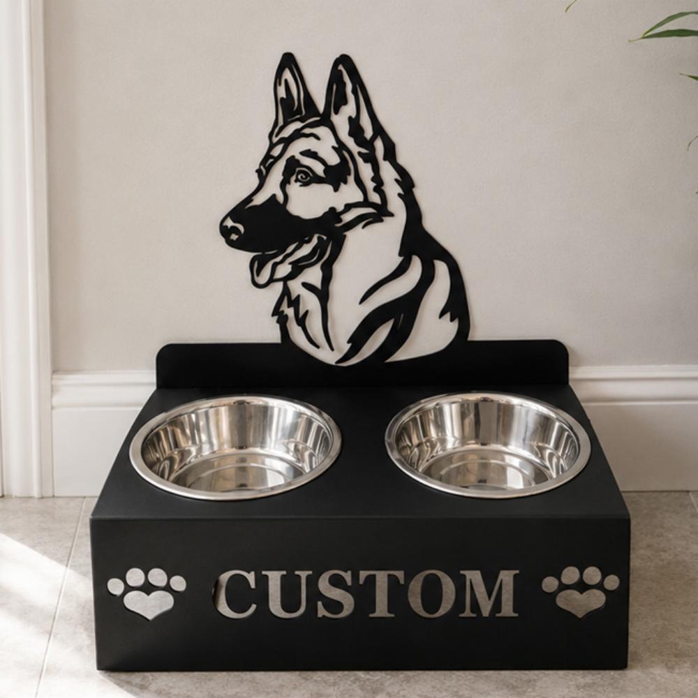 Personalized german shepherd metal dog bowl stand with custom name cutout and two removable feeding bowls