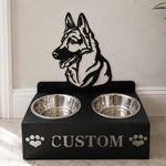Personalized german shepherd metal dog bowl stand with custom name cutout and two removable feeding bowls