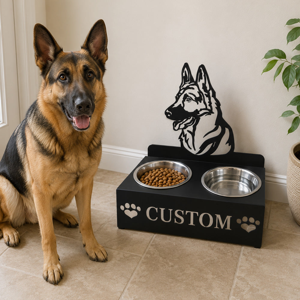 Personalized german shepherd metal dog bowl stand with custom name cutout and two removable feeding bowls