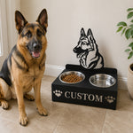 Personalized german shepherd metal dog bowl stand with custom name cutout and two removable feeding bowls