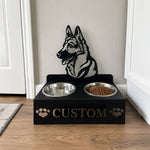 Personalized german shepherd metal dog bowl stand with custom name cutout and two removable feeding bowls