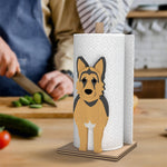 German Shepherd Dog Wooden Dog Paper Towel Holder displayed on a kitchen countertop with a freestanding paper towel roll