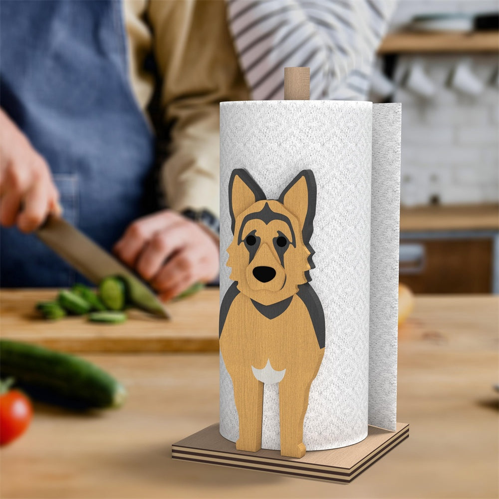 German Shepherd Dog Wooden Dog Paper Towel Holder displayed on a kitchen countertop with a freestanding paper towel roll