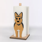 German Shepherd Dog Wooden Dog Paper Towel Holder displayed on a kitchen countertop with a freestanding paper towel roll