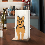 German Shepherd Dog Wooden Dog Paper Towel Holder displayed on a kitchen countertop with a freestanding paper towel roll
