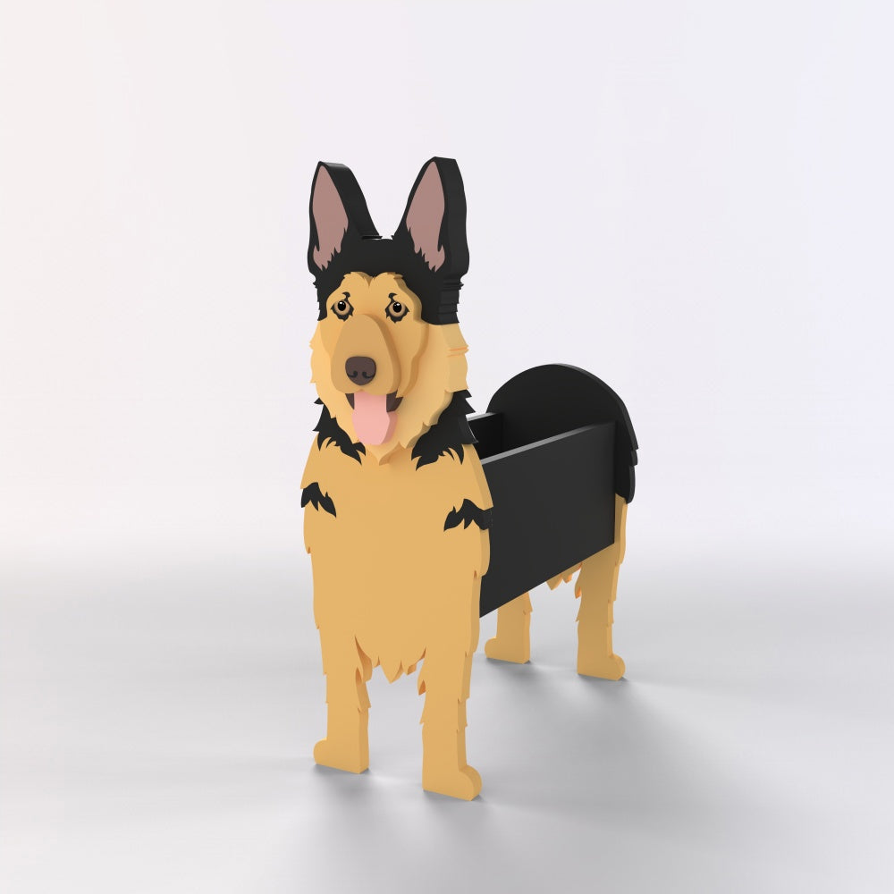 German Shepherd dog planter filled with fresh flowers is placed in the garden.