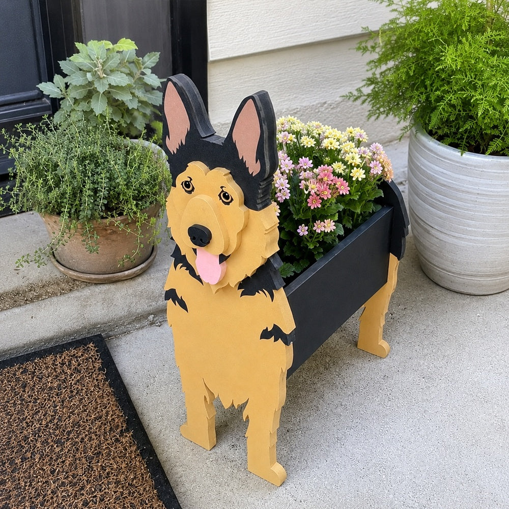 German Shepherd dog planter filled with fresh flowers is placed in the garden.