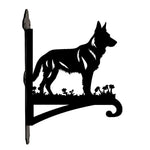 German shepherd metal hanging basket bracket mounted on outdoor wall for plant decoration
