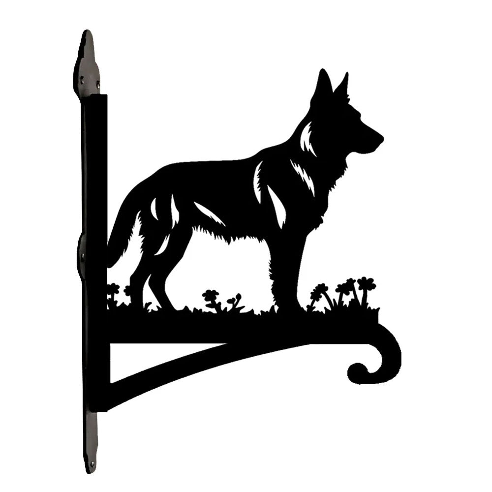German shepherd metal hanging basket bracket mounted on outdoor wall for plant decoration