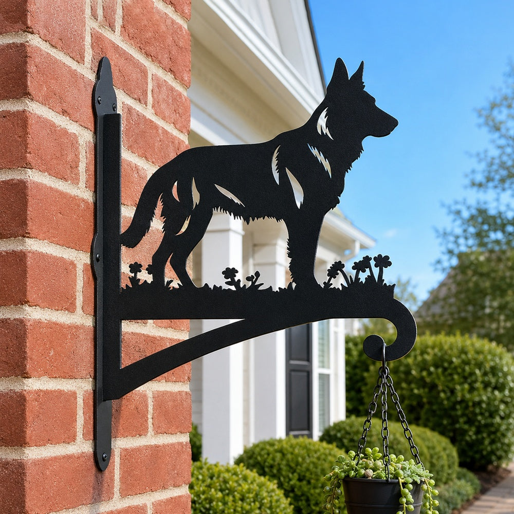 German shepherd metal hanging basket bracket mounted on outdoor wall for plant decoration