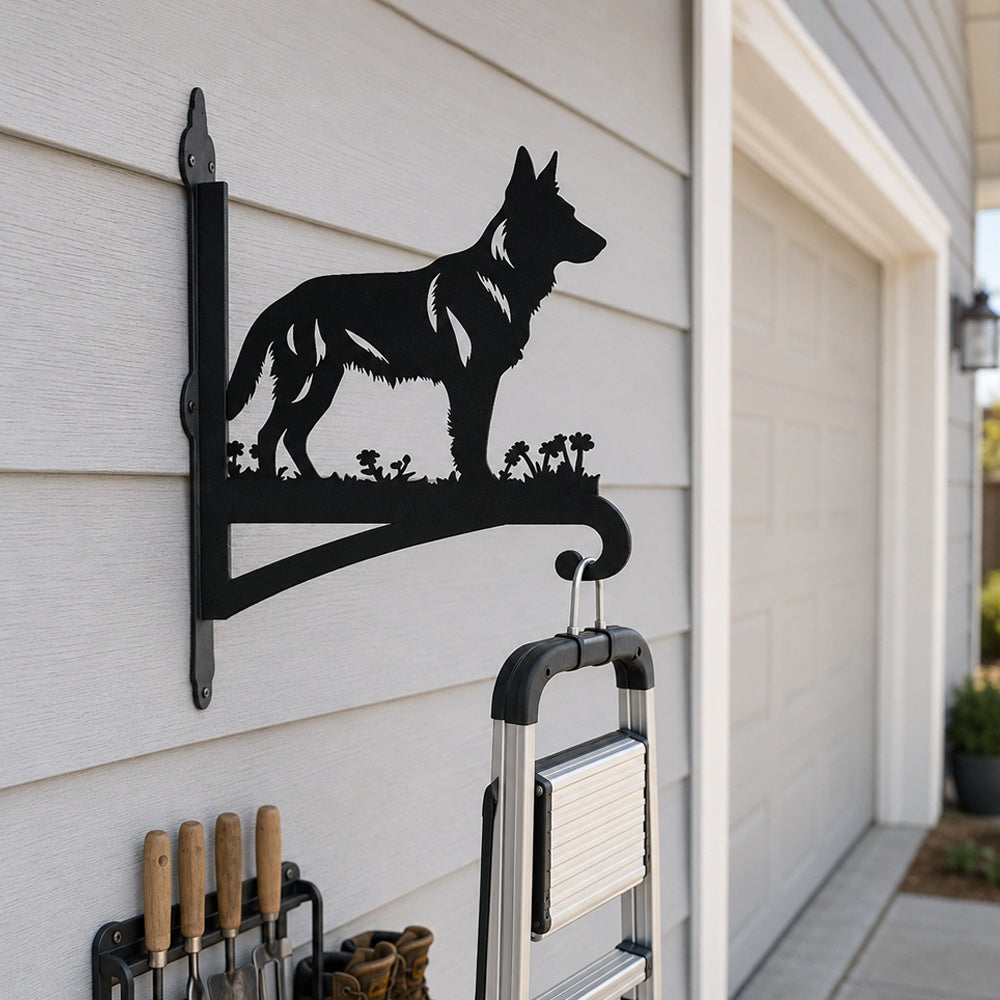 German shepherd metal hanging basket bracket mounted on outdoor wall for plant decoration