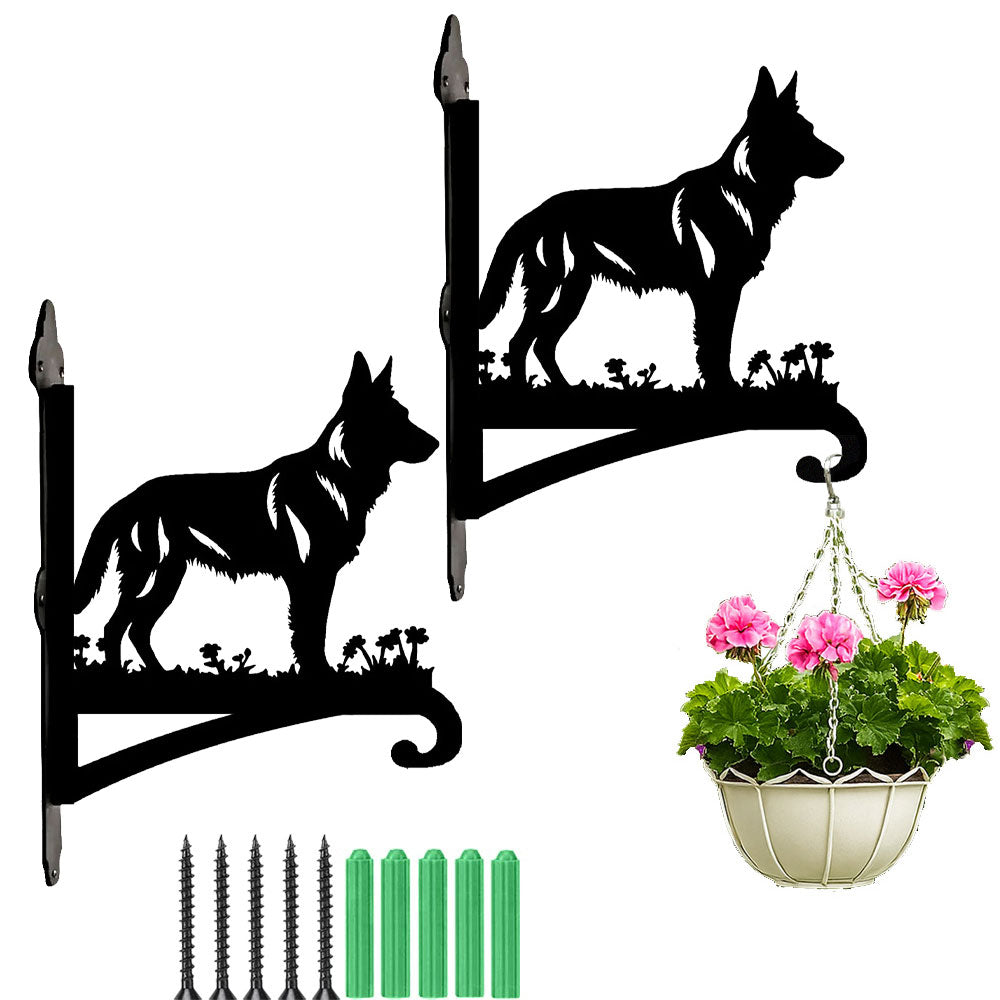 German shepherd metal hanging basket bracket mounted on outdoor wall for plant decoration