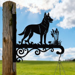 German shepherd metal hanging basket bracket mounted on outdoor wall for plant decoration