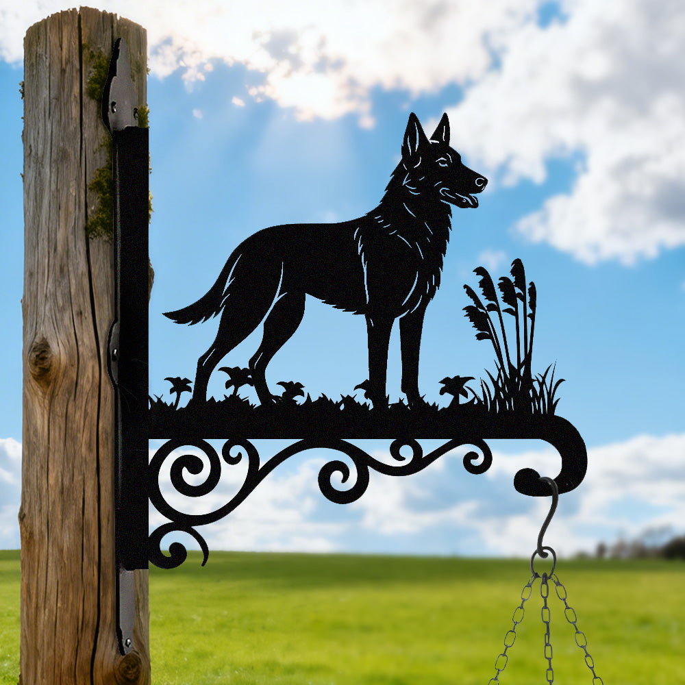 German shepherd metal hanging basket bracket mounted on outdoor wall for plant decoration