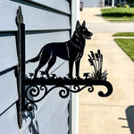 German shepherd metal hanging basket bracket mounted on outdoor wall for plant decoration