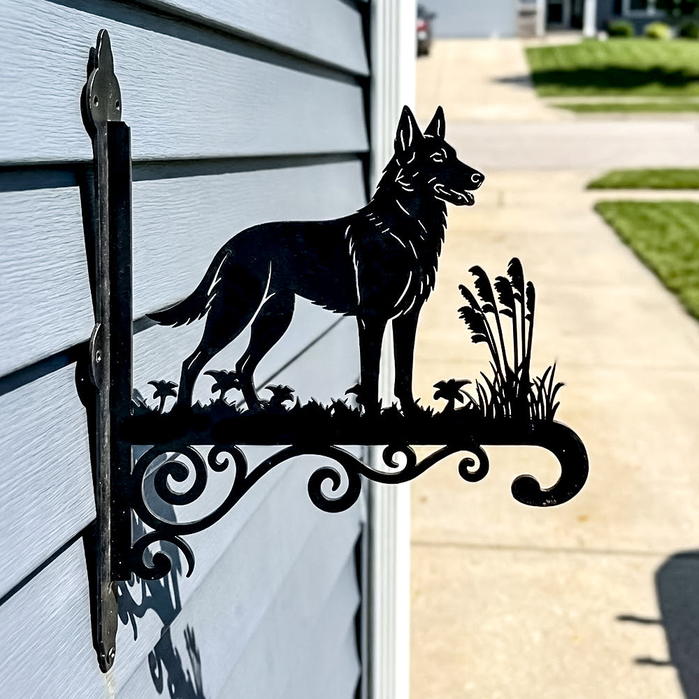German shepherd metal hanging basket bracket mounted on outdoor wall for plant decoration