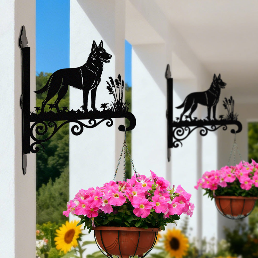 German shepherd metal hanging basket bracket mounted on outdoor wall for plant decoration