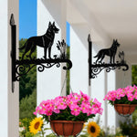 German shepherd metal hanging basket bracket mounted on outdoor wall for plant decoration