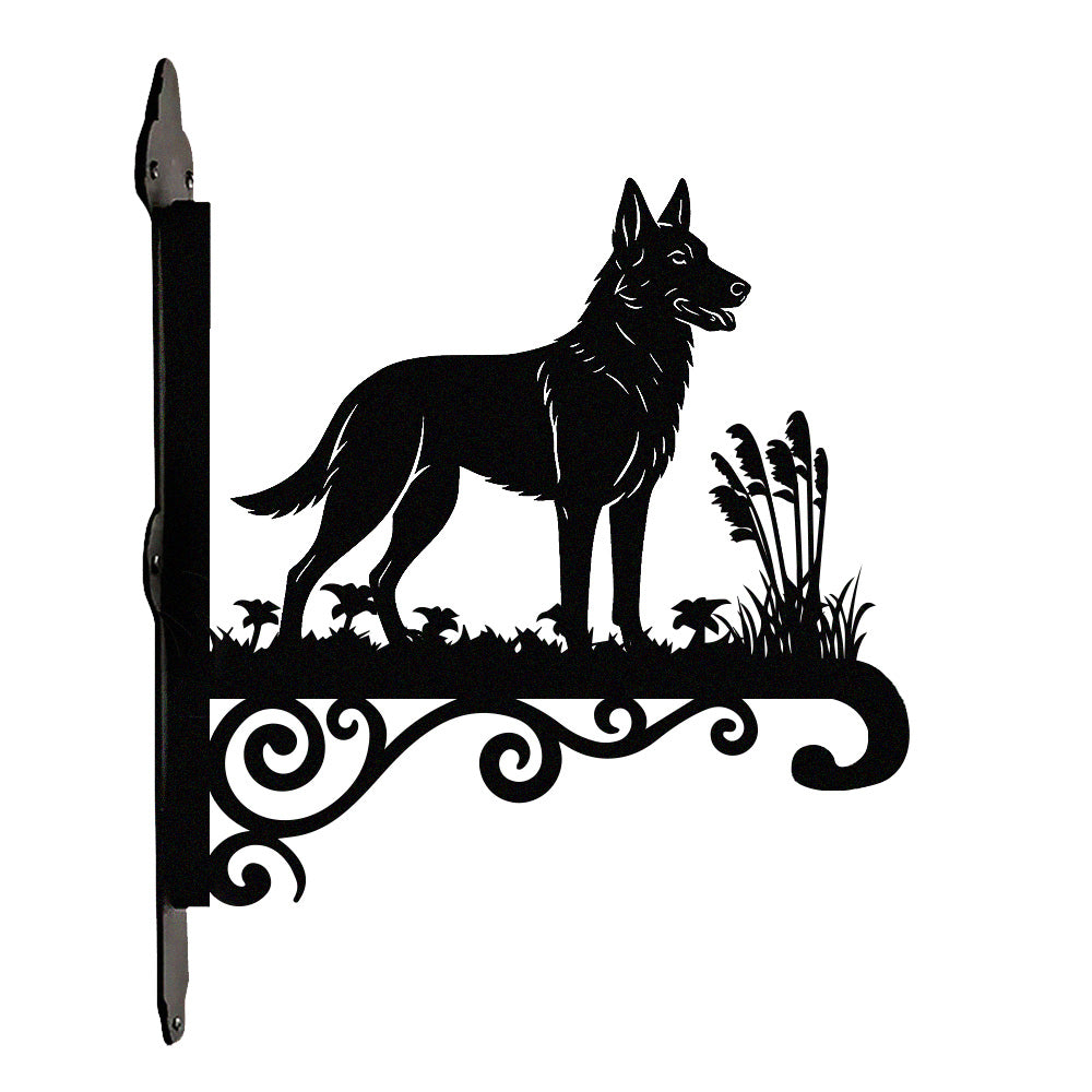 German shepherd metal hanging basket bracket mounted on outdoor wall for plant decoration