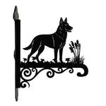 German shepherd metal hanging basket bracket mounted on outdoor wall for plant decoration
