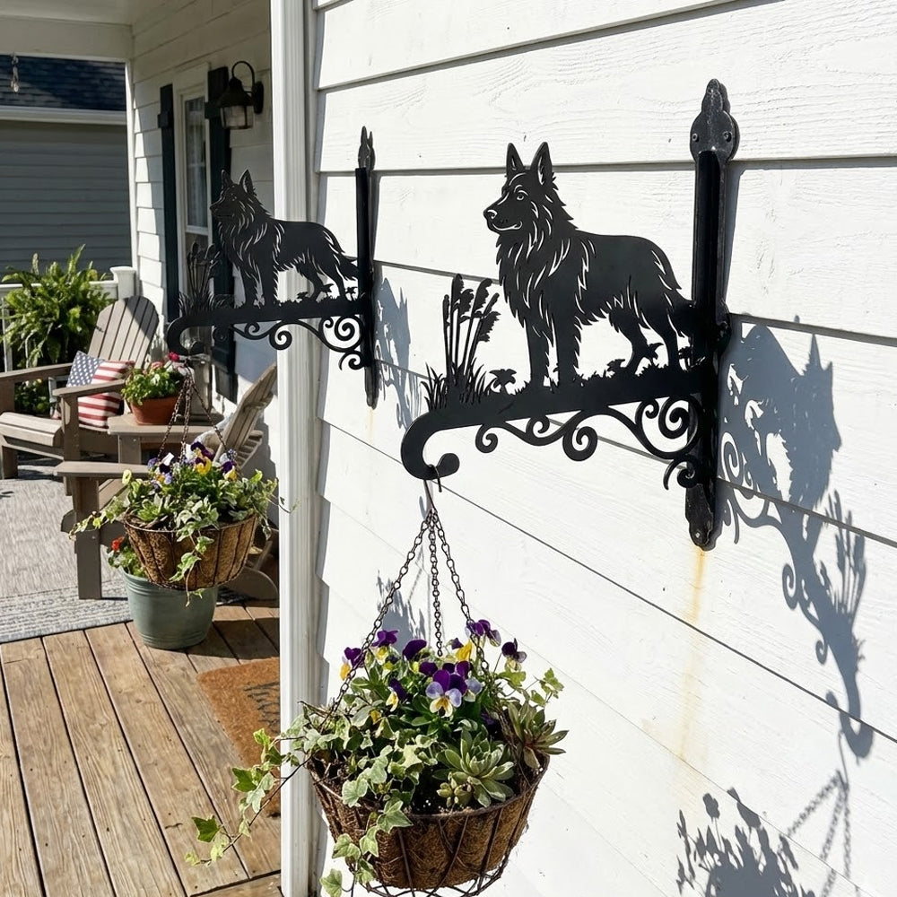German shepherd metal hanging basket bracket mounted on outdoor wall for plant decoration