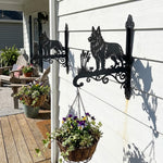 German shepherd metal hanging basket bracket mounted on outdoor wall for plant decoration