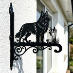 German shepherd metal hanging basket bracket mounted on outdoor wall for plant decoration
