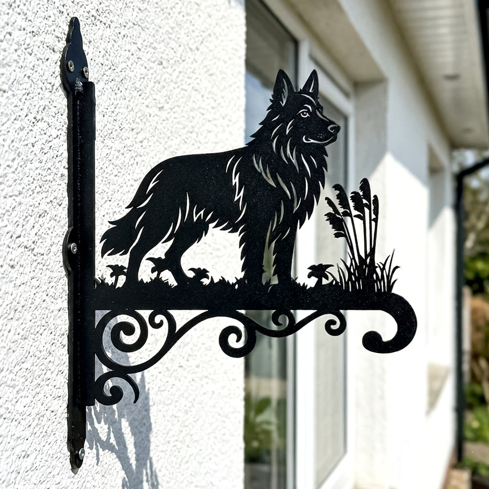 German shepherd metal hanging basket bracket mounted on outdoor wall for plant decoration