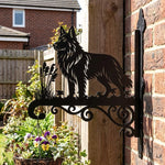 German shepherd metal hanging basket bracket mounted on outdoor wall for plant decoration
