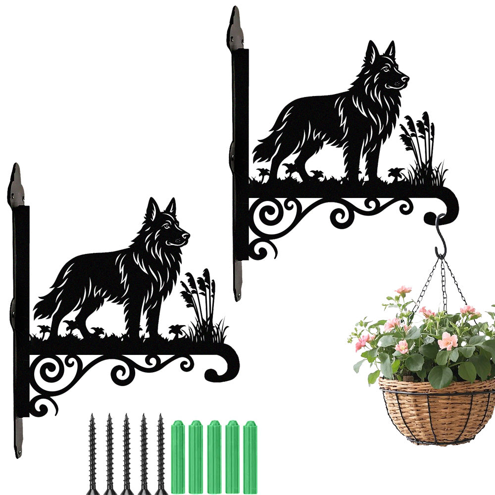 German shepherd metal hanging basket bracket mounted on outdoor wall for plant decoration