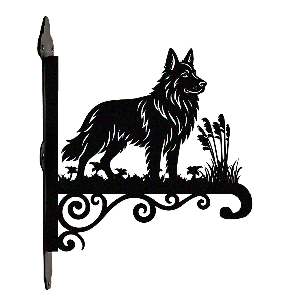 German shepherd metal hanging basket bracket mounted on outdoor wall for plant decoration