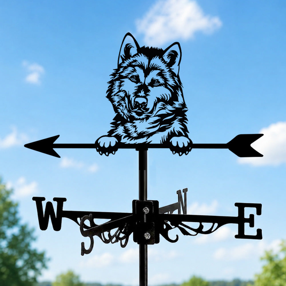 German Shepherd metal weather vane with directional arrows and mounting rod, outdoor roof and garden decoration