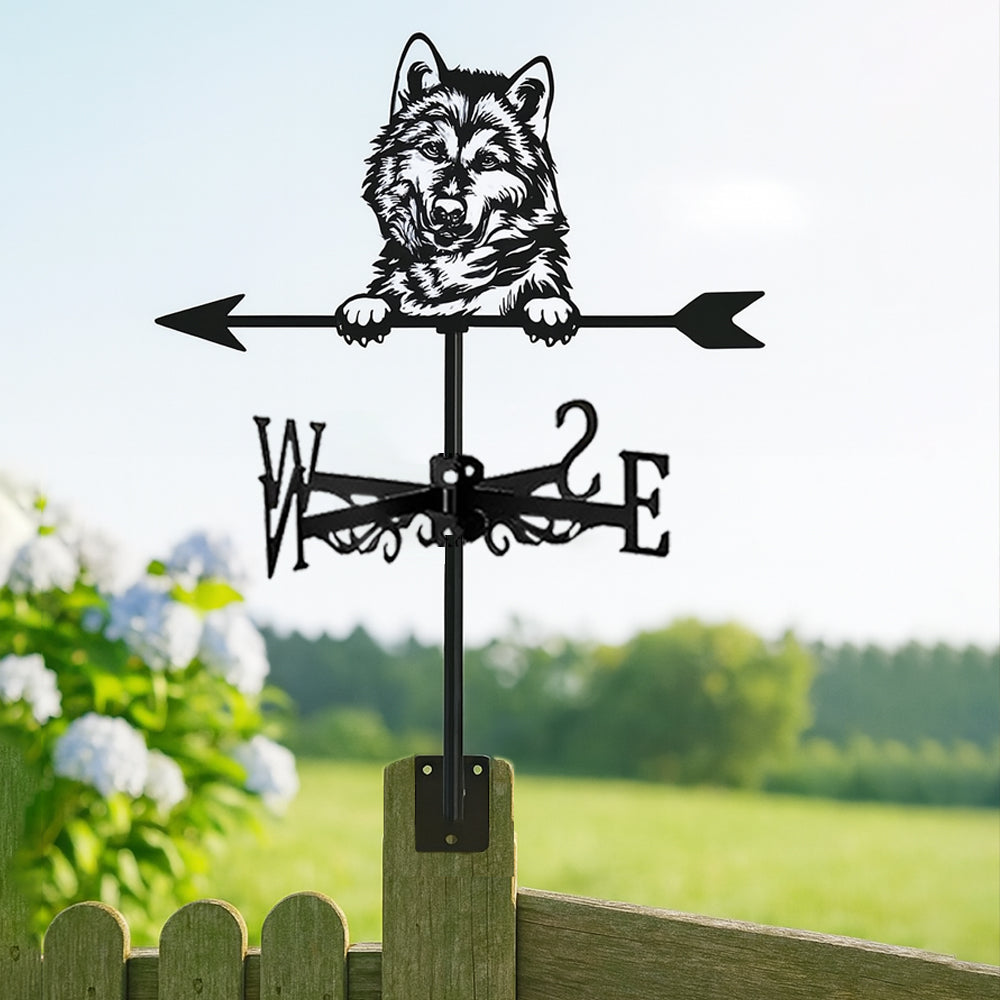 German Shepherd metal weather vane with directional arrows and mounting rod, outdoor roof and garden decoration