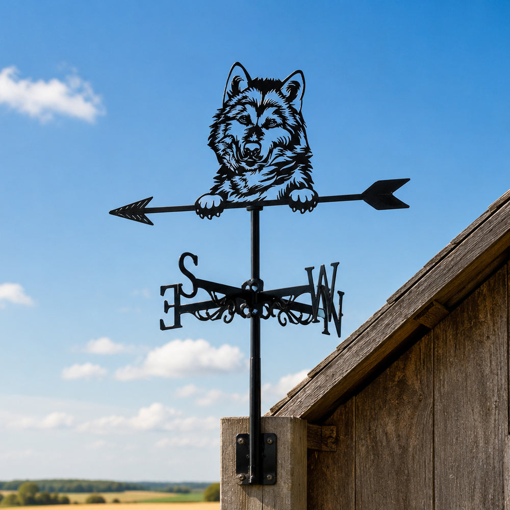 German Shepherd metal weather vane with directional arrows and mounting rod, outdoor roof and garden decoration