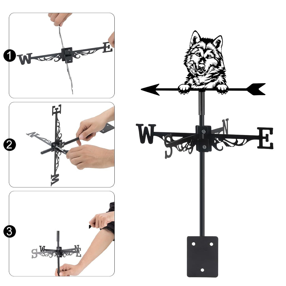 German Shepherd metal weather vane with directional arrows and mounting rod, outdoor roof and garden decoration
