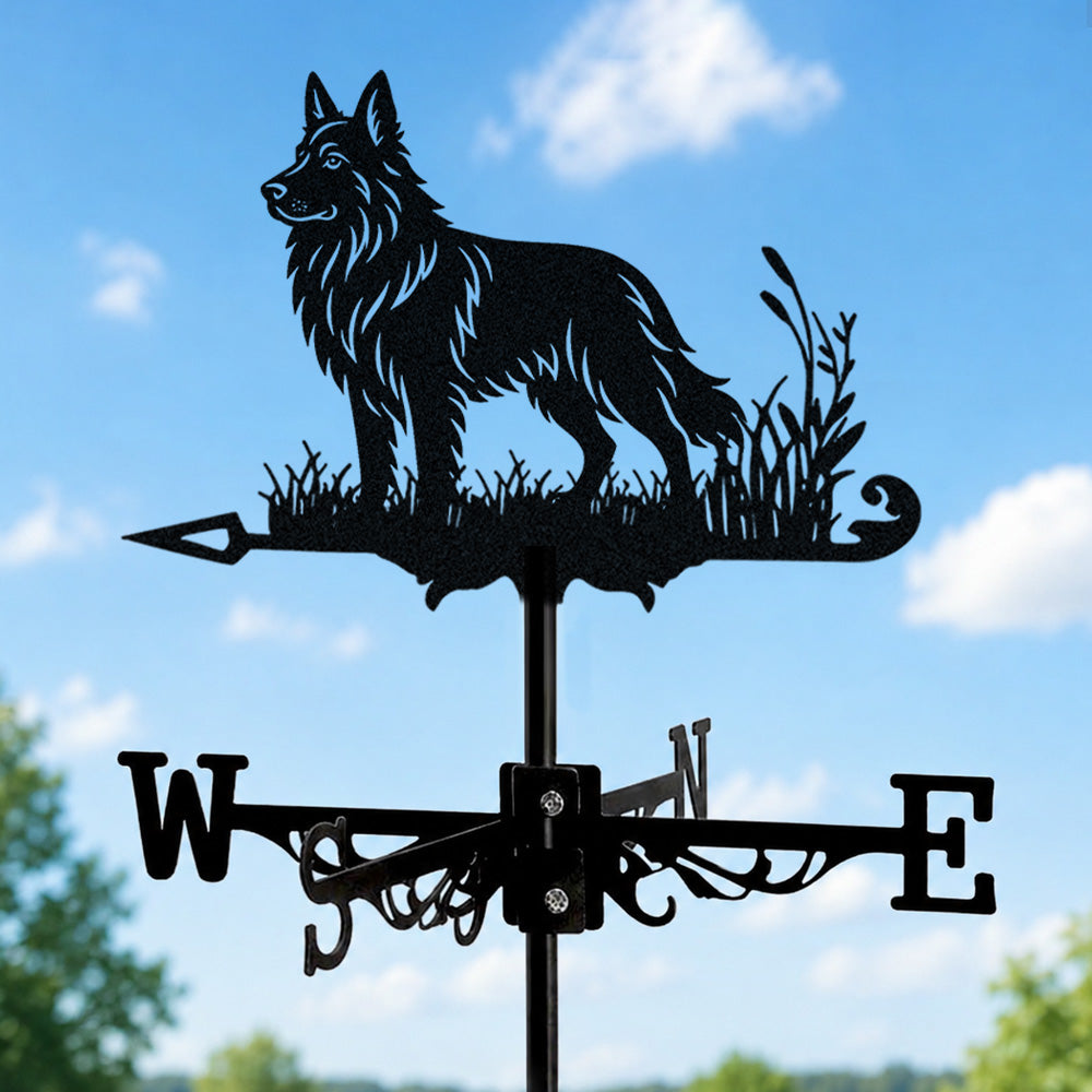 German Shepherd metal weather vane with directional arrows and mounting rod, outdoor roof and garden decoration