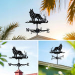 German Shepherd metal weather vane with directional arrows and mounting rod, outdoor roof and garden decoration