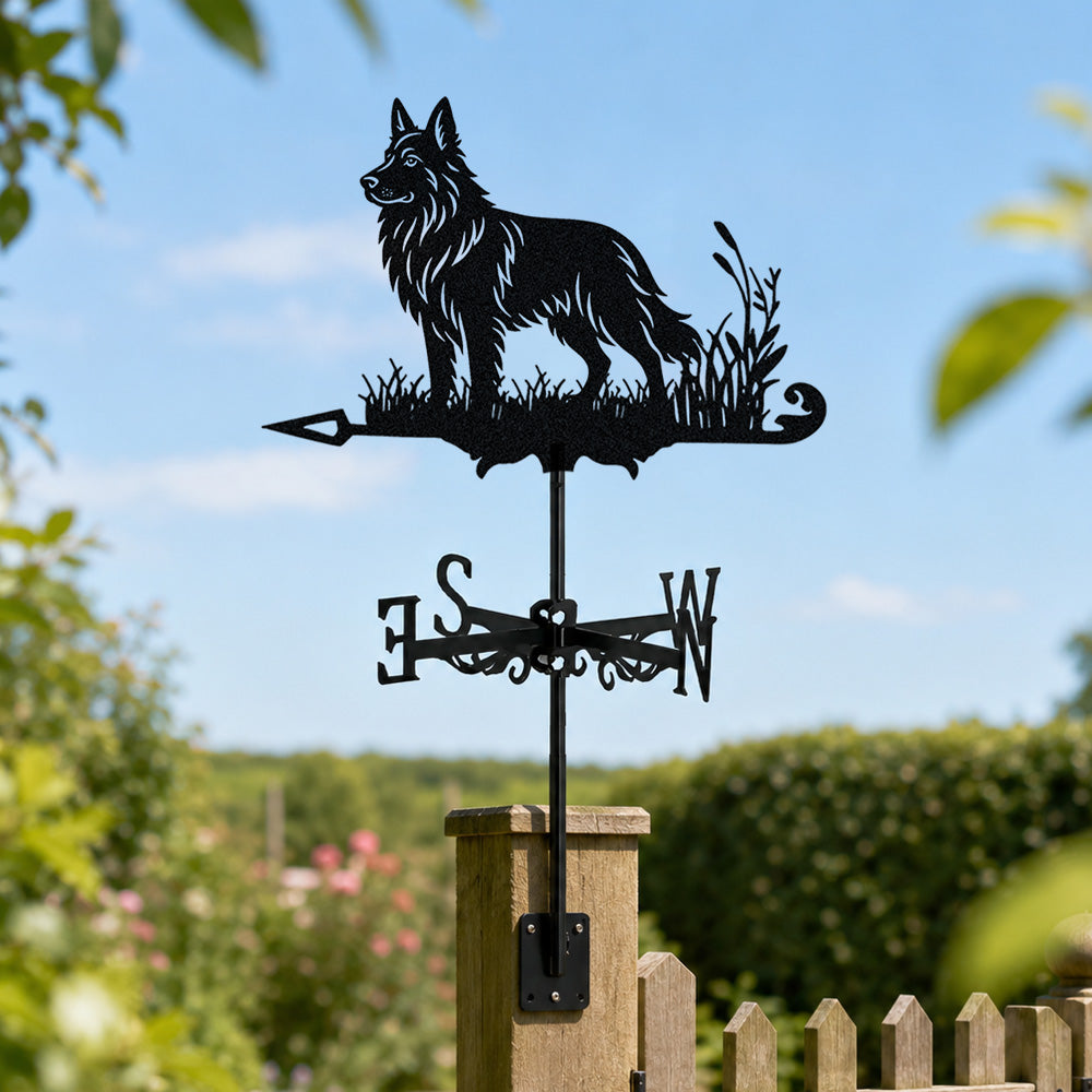 German Shepherd metal weather vane with directional arrows and mounting rod, outdoor roof and garden decoration