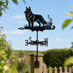 German Shepherd metal weather vane with directional arrows and mounting rod, outdoor roof and garden decoration