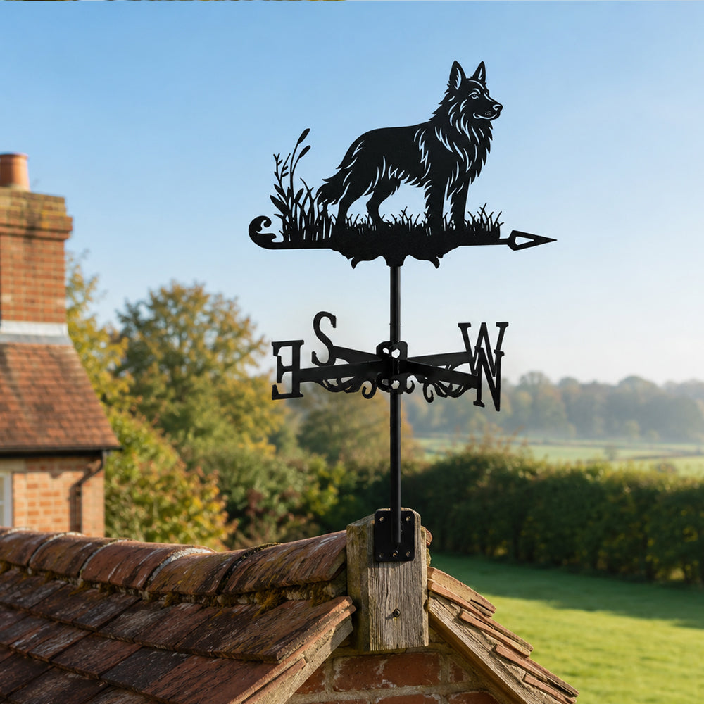 German Shepherd metal weather vane with directional arrows and mounting rod, outdoor roof and garden decoration