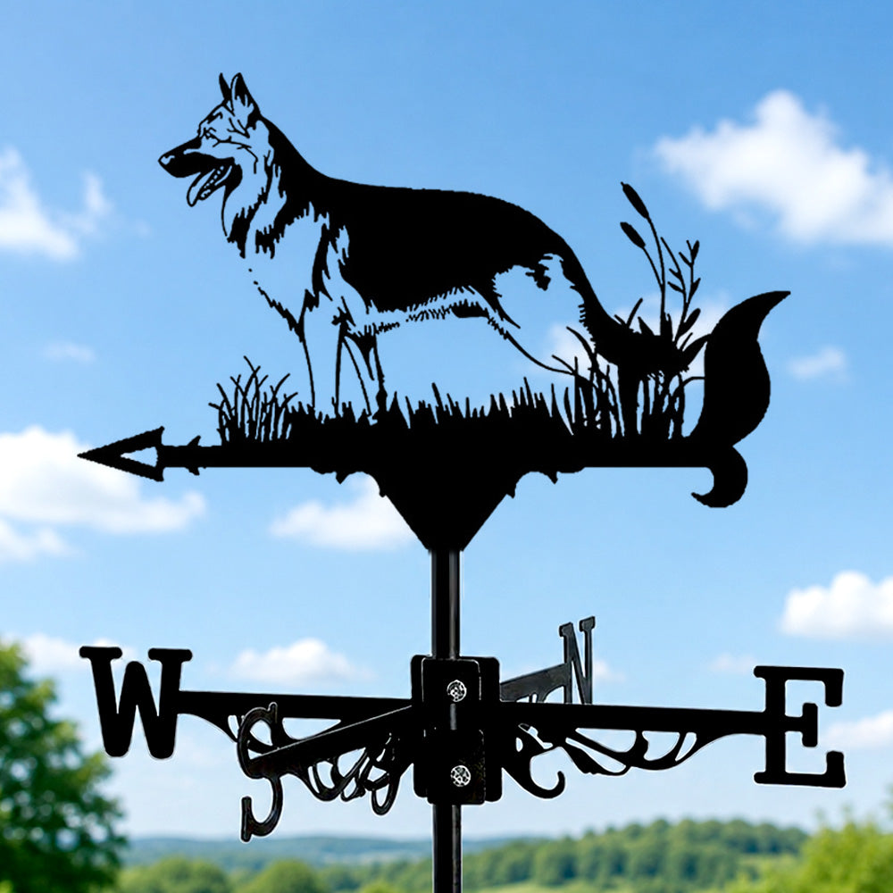 German Shepherd metal weather vane with directional arrows and mounting rod, outdoor roof and garden decoration