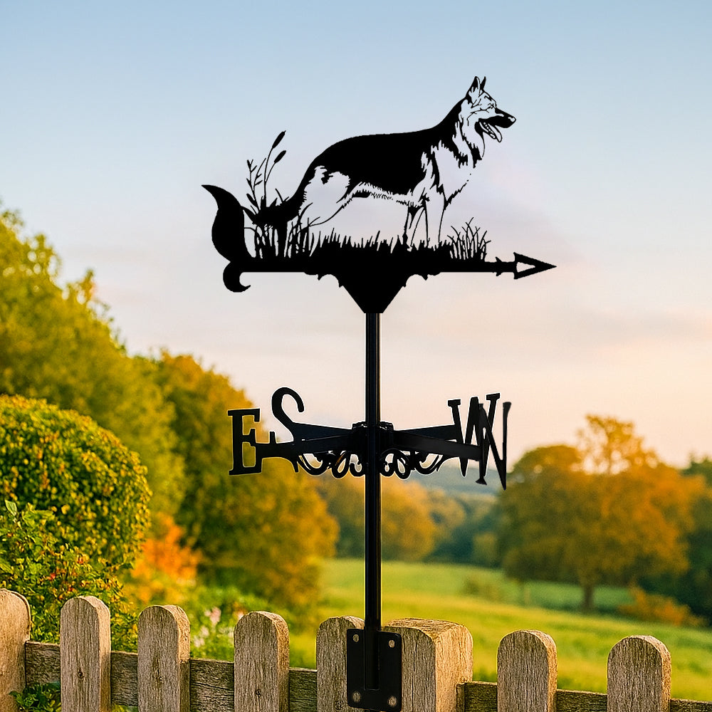 German Shepherd metal weather vane with directional arrows and mounting rod, outdoor roof and garden decoration