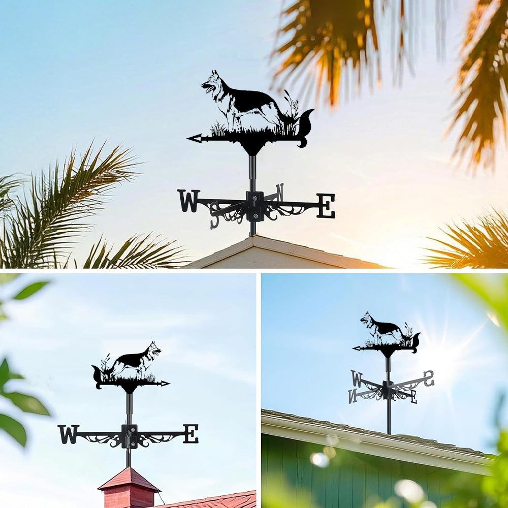 German Shepherd metal weather vane with directional arrows and mounting rod, outdoor roof and garden decoration