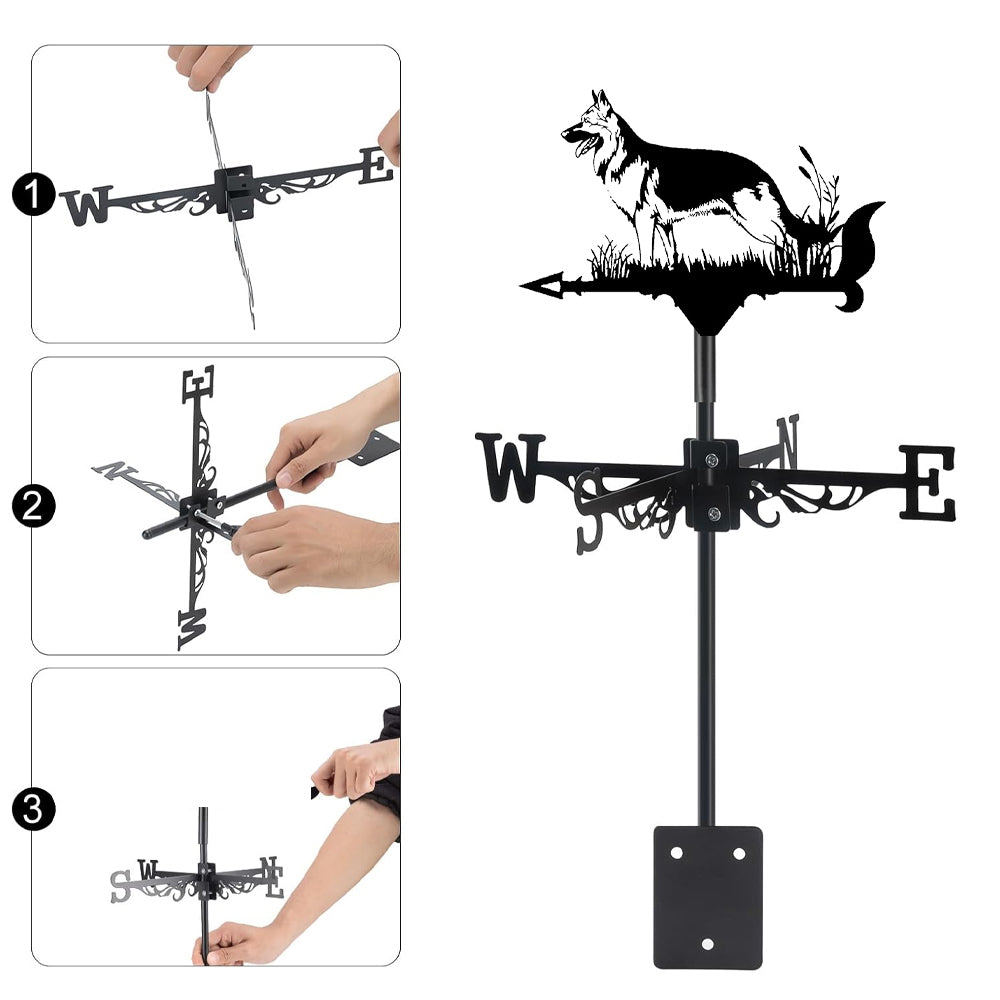 German Shepherd metal weather vane with directional arrows and mounting rod, outdoor roof and garden decoration