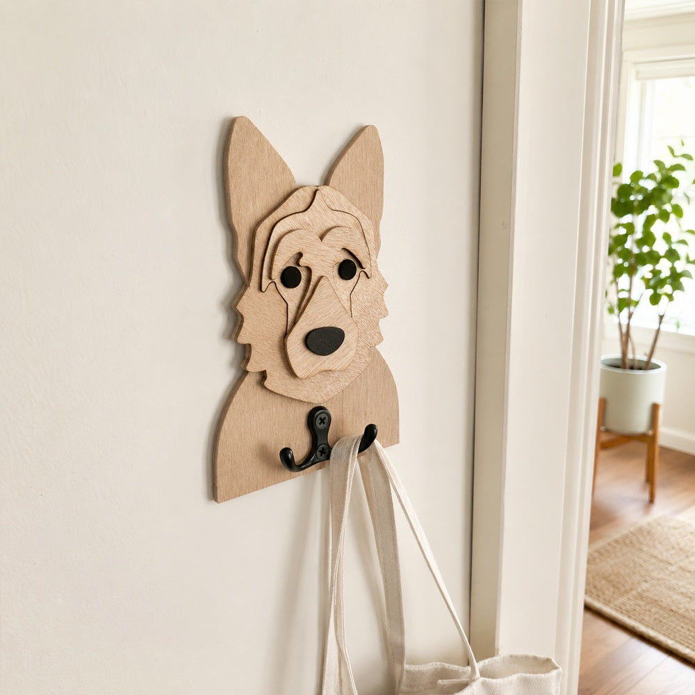 German Shepherd wooden dog wall hook key and leash holder for home entryway organizer