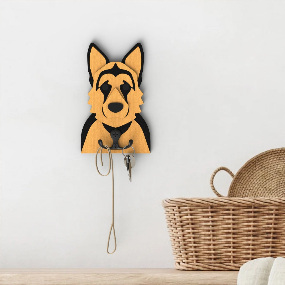 German Shepherd wooden dog wall hook key and leash holder for home entryway organizer