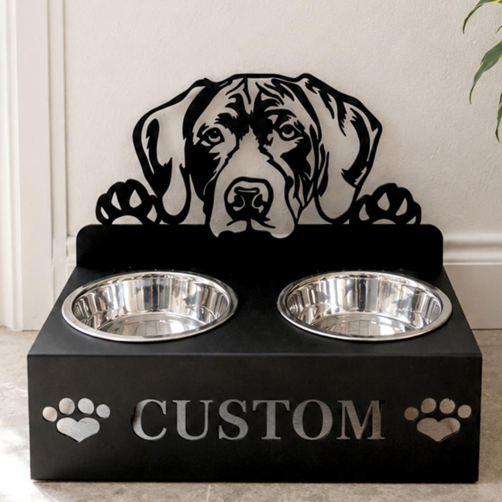 Personalized german shorthaired pointer dog metal dog bowl stand with custom name cutout and two removable feeding bowls