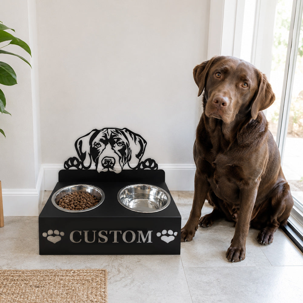 Personalized german shorthaired pointer dog metal dog bowl stand with custom name cutout and two removable feeding bowls